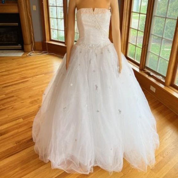 *MoriLee White Beads Strapless Satin Tulle Full Wedding Dress Bridal Gown Size 4 - Picture 2 of 16
